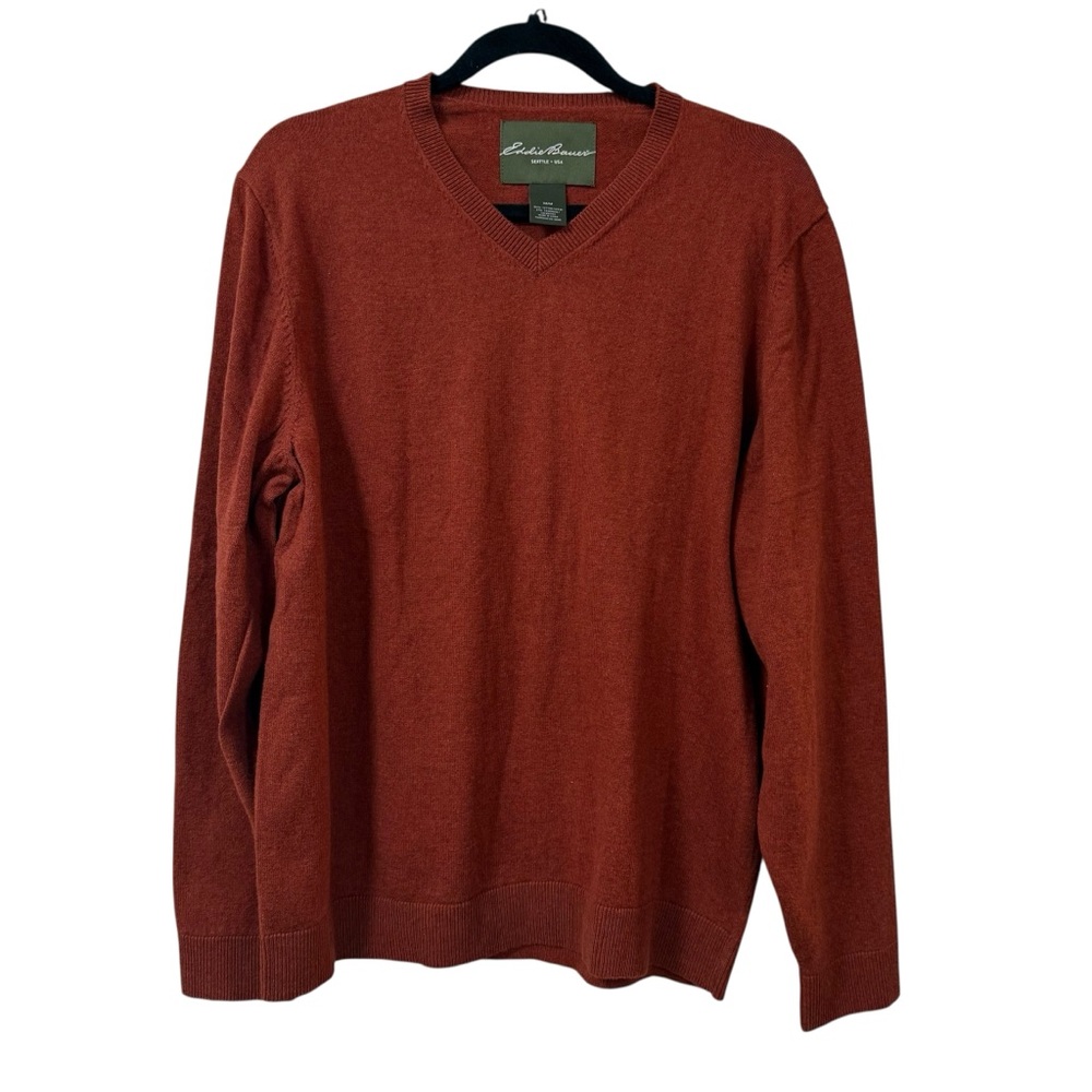 Eddie Bauer men’s medium v-neck sweater rust red cotton cashmere blend pullover